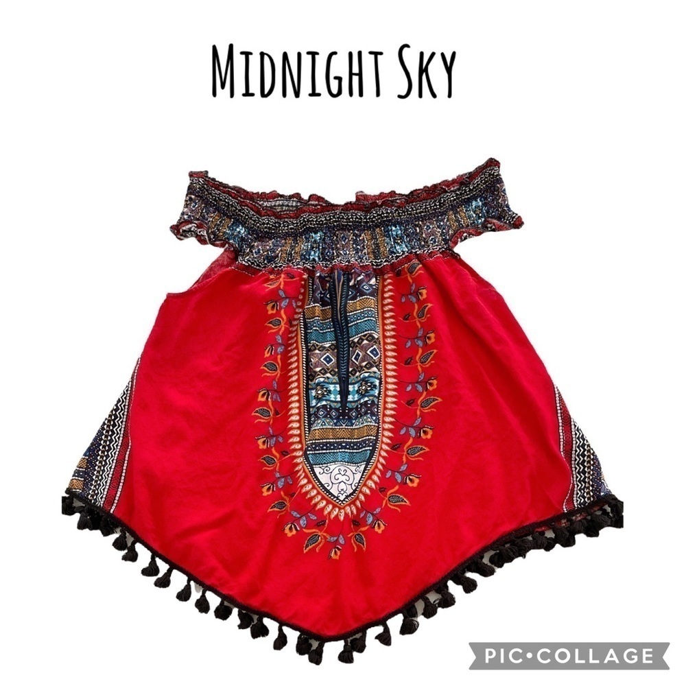 Midnight Sky elastic off the shoulder tassel boho bohemian indy top size L